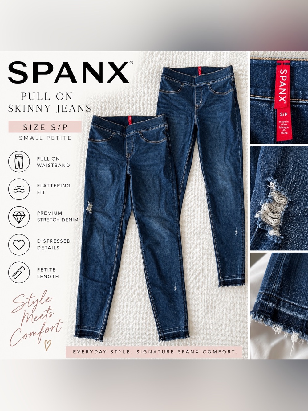 SPANX Women’s S Petite Pull On Skinny Jeans Distressed Dark Wash Raw Hem